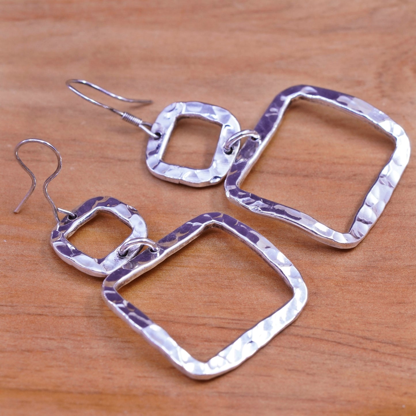 Vintage Mexico Sterling silver handmade earrings, 925 Hammered square dangles