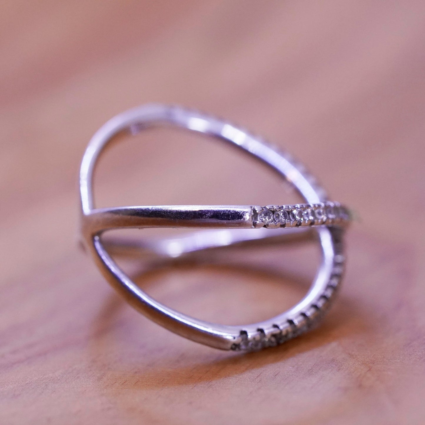 Size 6.5, vintage Sterling silver handmade ring, 925 cross band with cz
