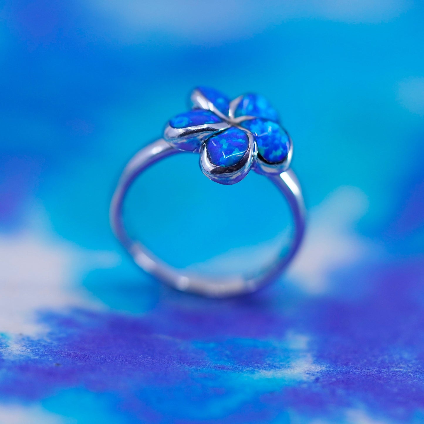 Size 6, Vintage Sterling 925 silver handmade plumeria flower ring with opal