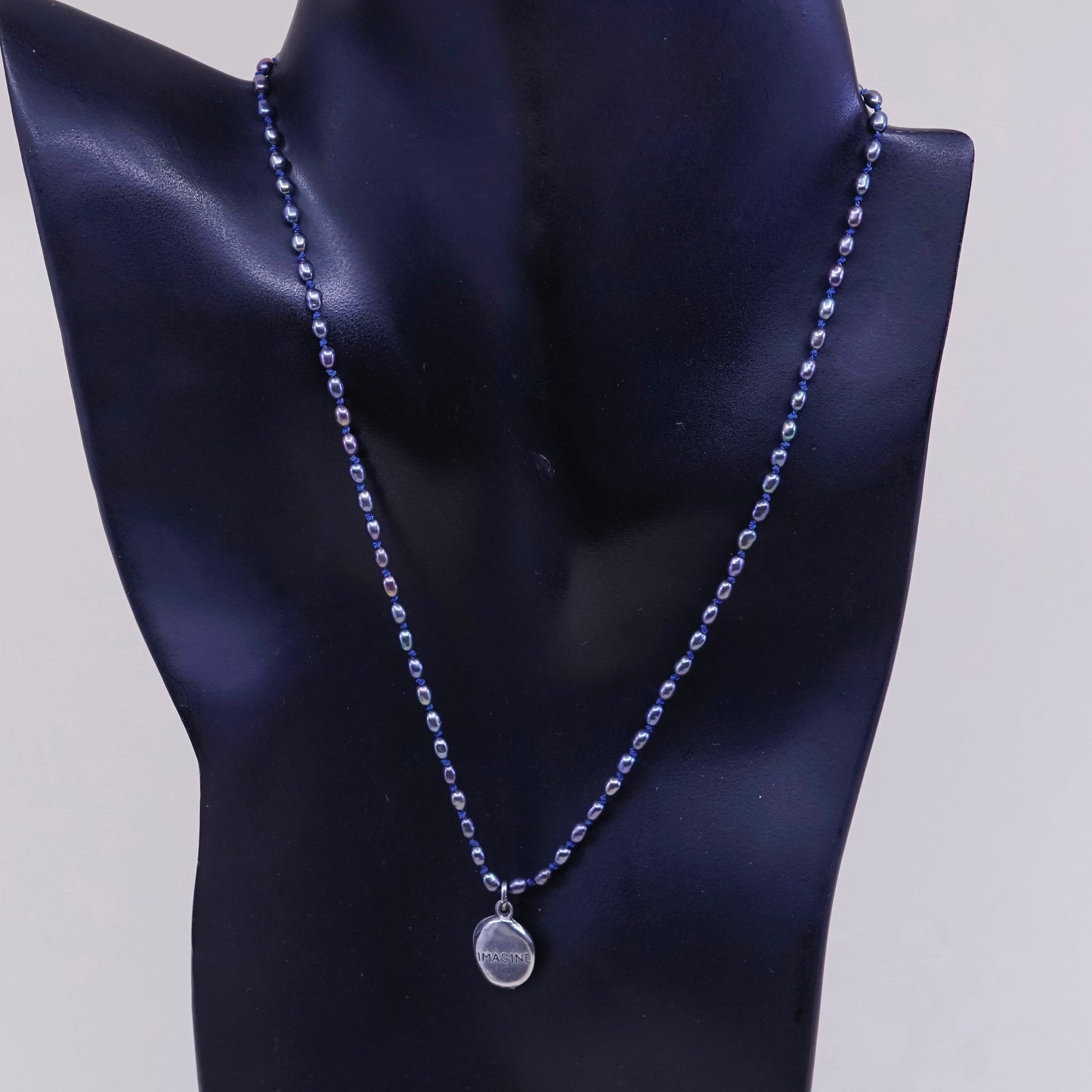 16”, handmade necklace w/ black pearl beads sterling 925 silver imagine pendant
