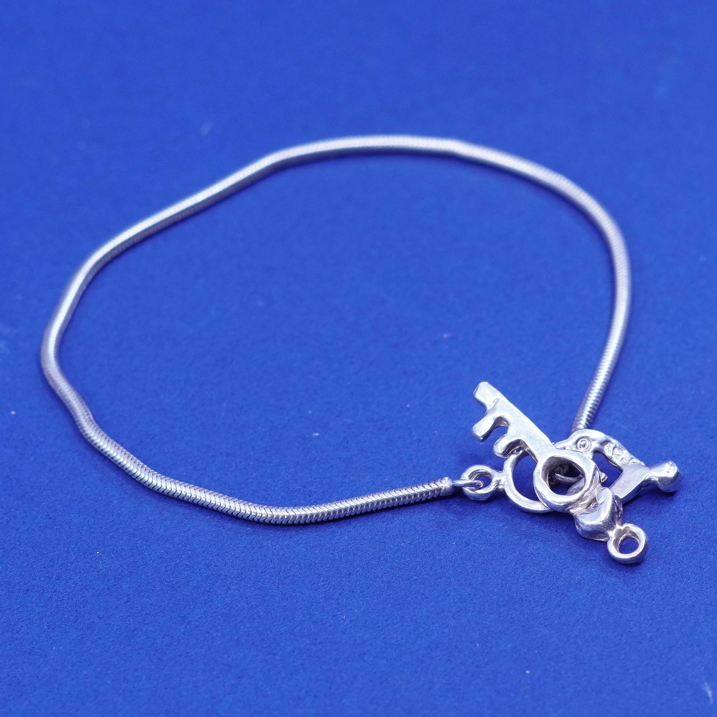 7.25”, 1.6mm, Sterling silver handmade bracelet, 925 snake chain w/ key N heart