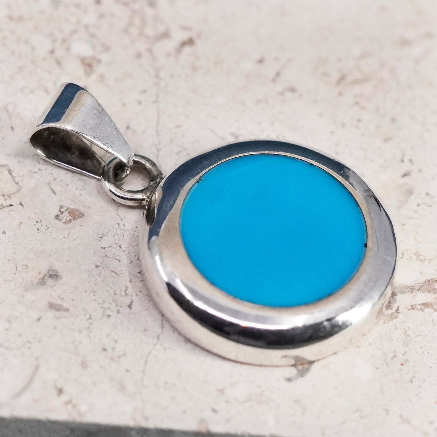 Vintage Sterling 925 silver handmade pendant with round turquoise