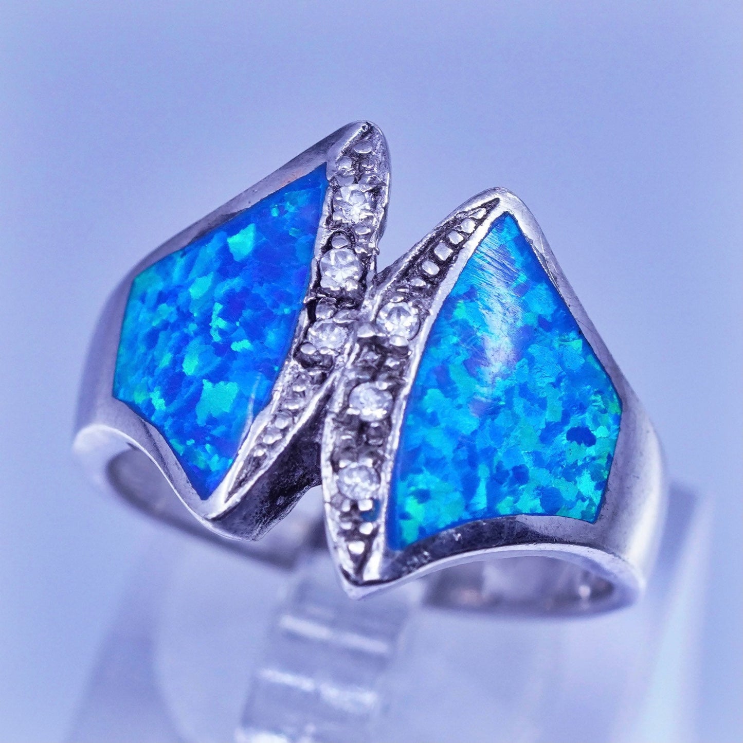 Size 9, vintage Sterling 925 silver handmade ring with opal and cz