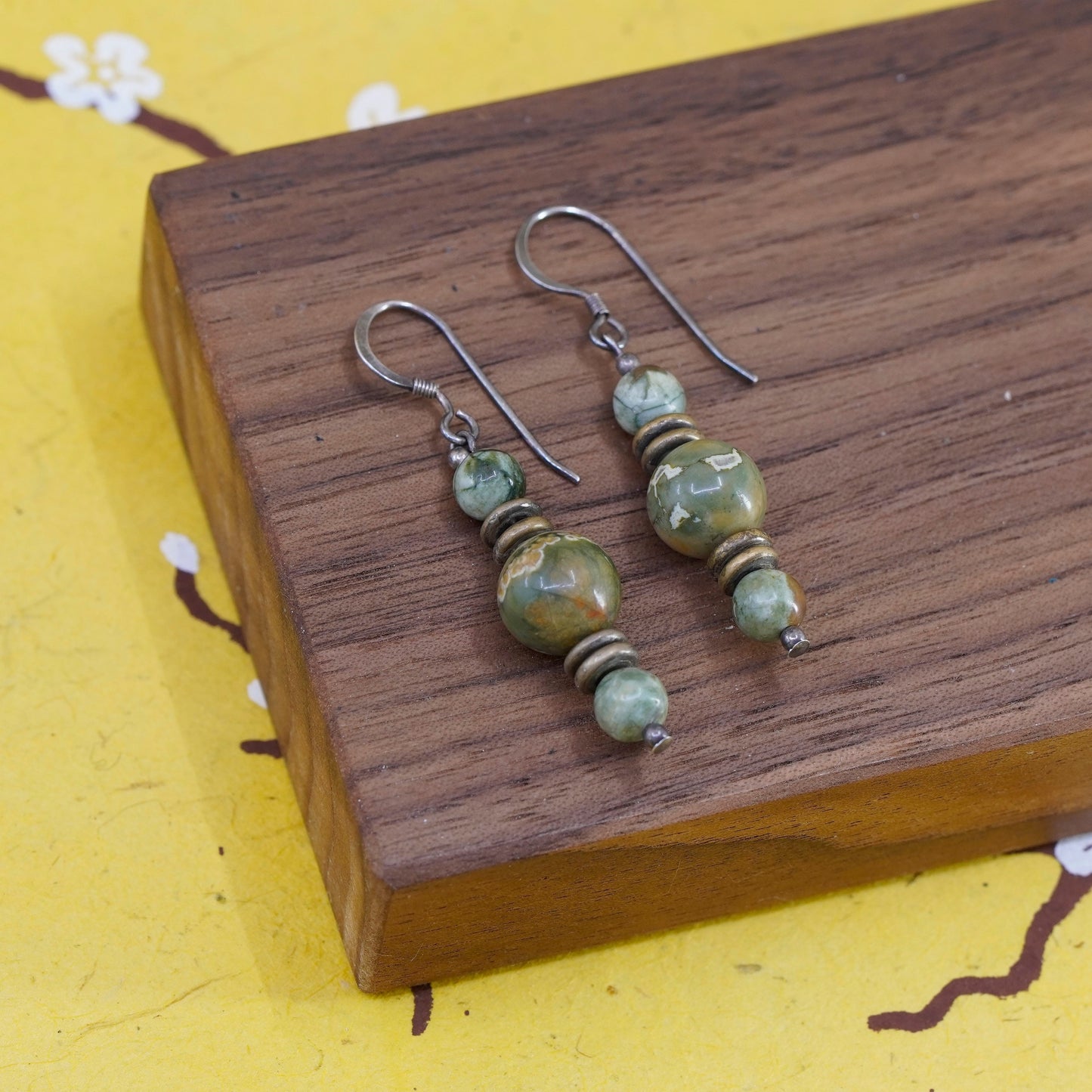 Vintage Sterling 925 silver handmade dangles with green jasper beads