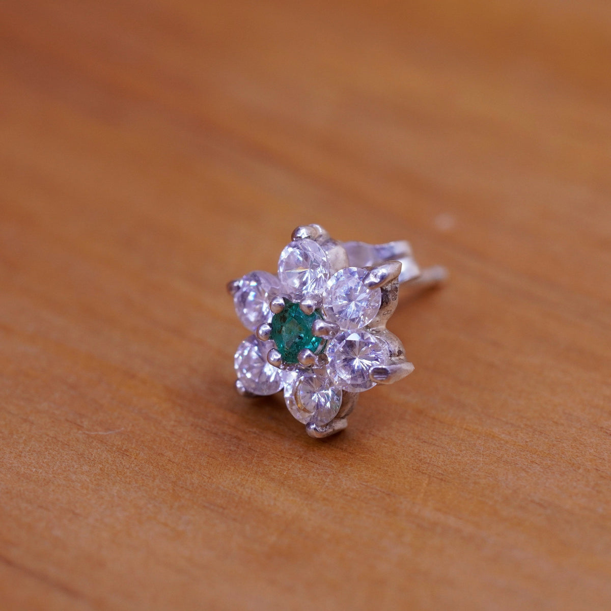 Vintage Vermeil Sterling silver clear flower studs earrings with cz and emerald