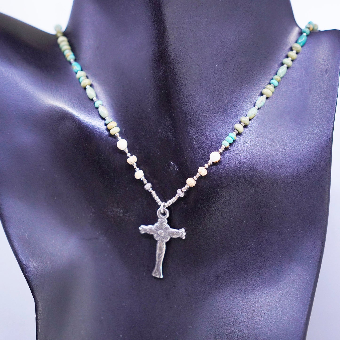 17+1”, Sterling 925 silver handmade necklace with turquoise and cross pendant