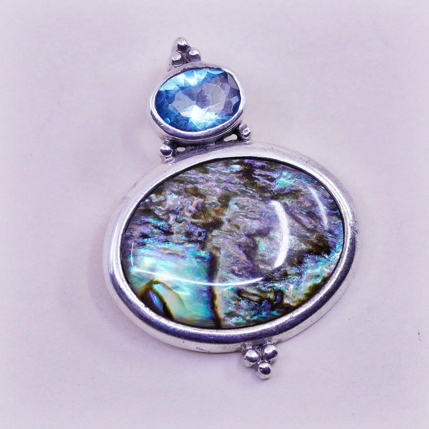 Vintage sterling 925 silver handmade pendant with abalone and topaz