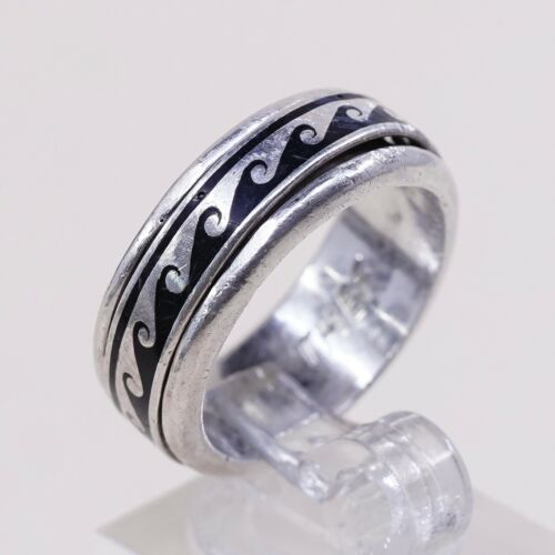 Sz 8.5, Vtg Sterling Silver Handmade Ring, 925 Spinner Band W/ Wavy Pattern