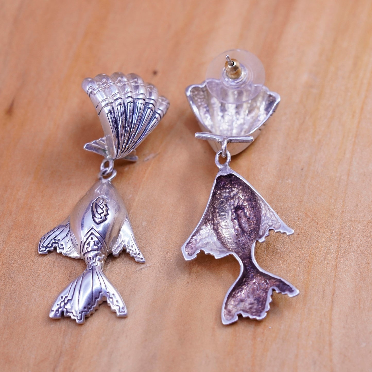 Vintage sterling silver handmade earrings, 925 shell studs with fish drops