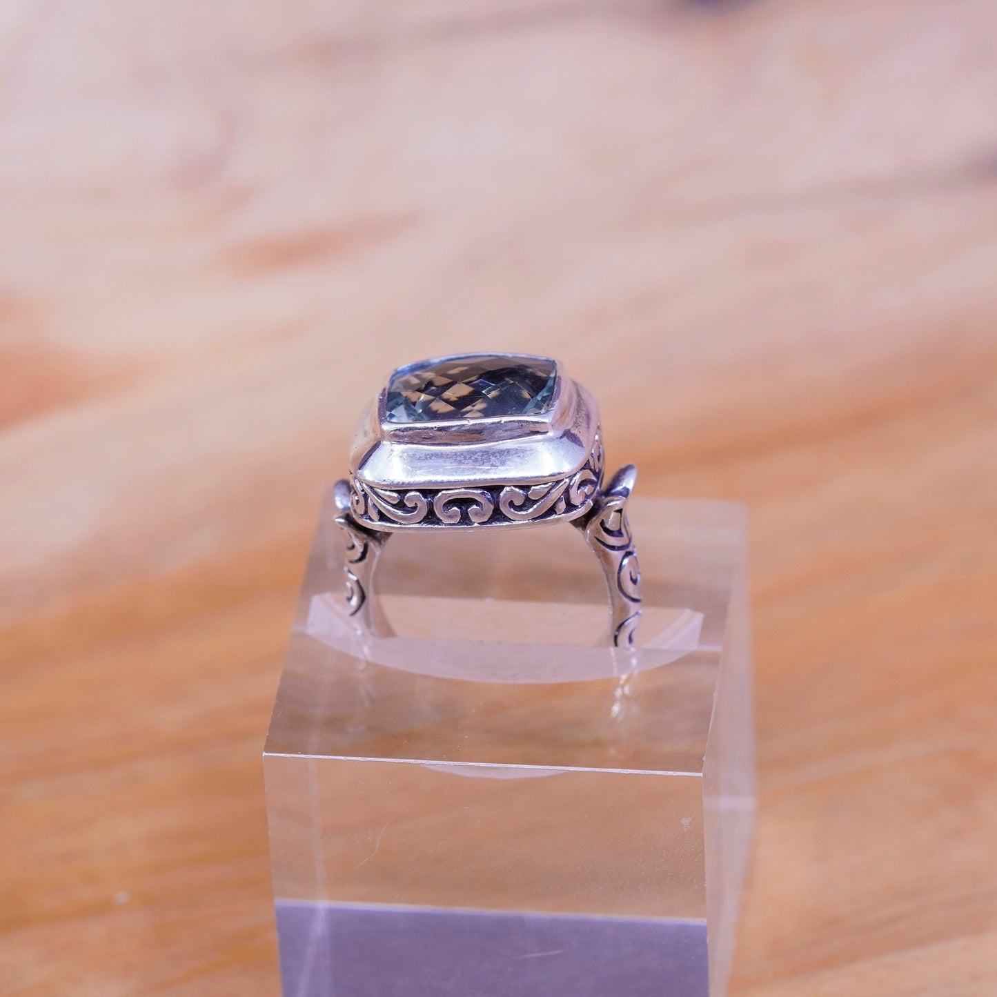 sz 5.75, AF Sterling silver handmade ring, textured 925 leafy band chrysoberyl