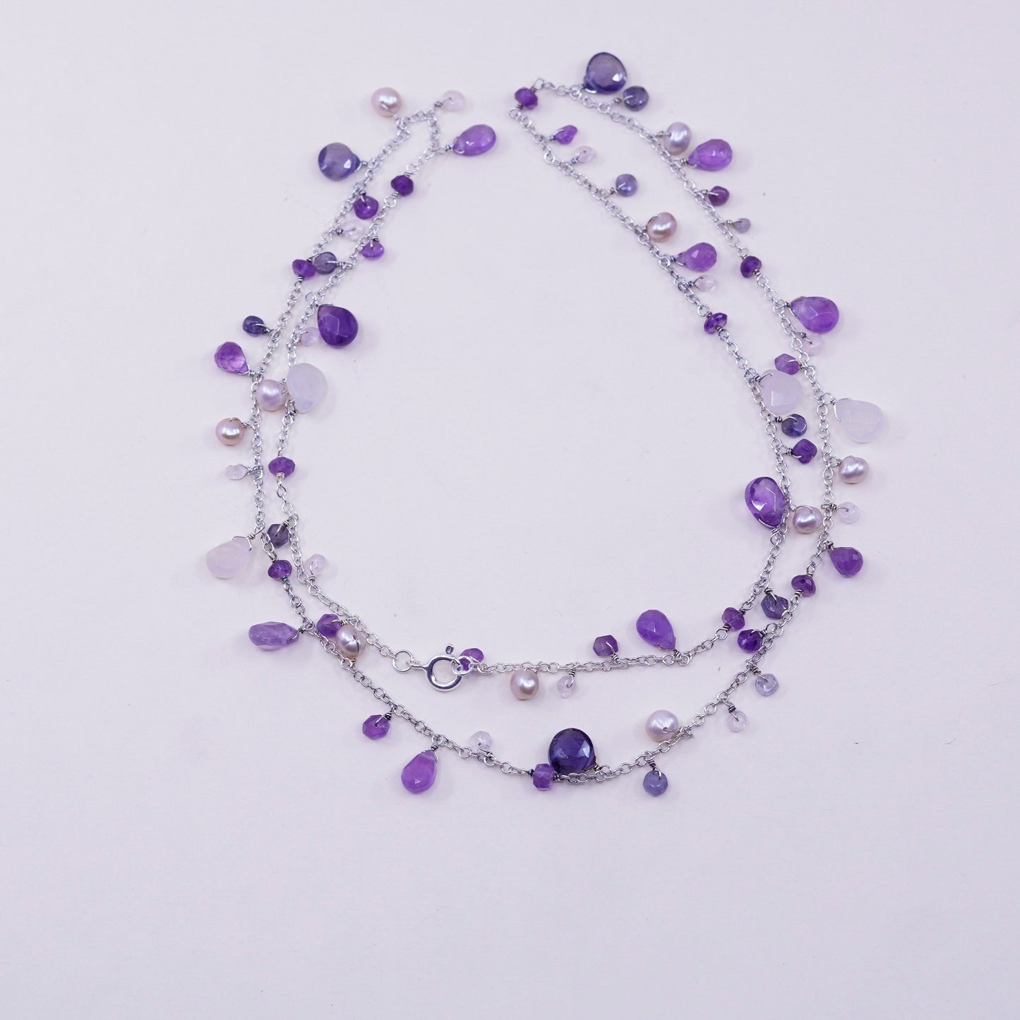 23”, Sterling silver handmade necklace, 925 circle chain amethyst quartz beads