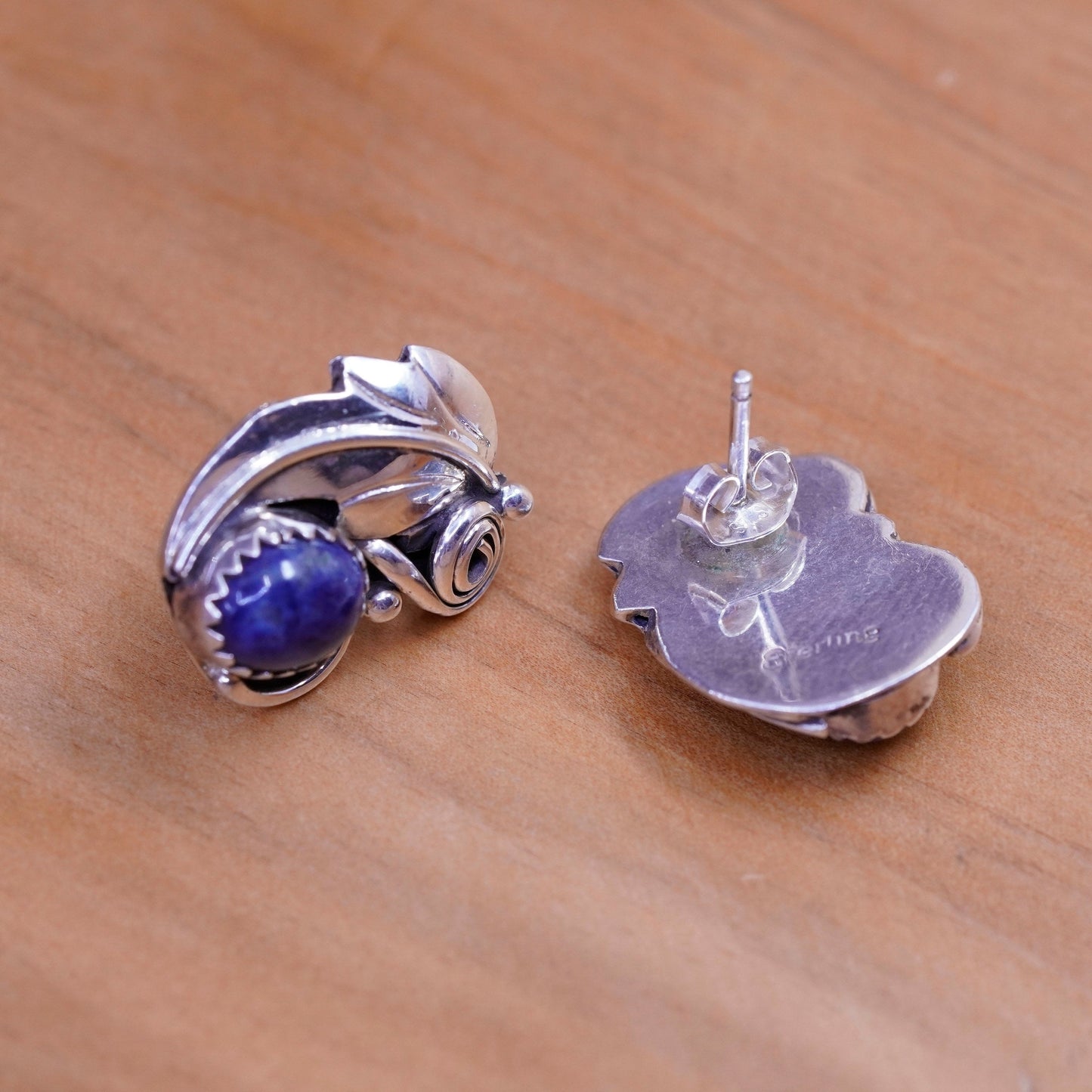 Vintage Sterling silver handmade earrings, southwestern 925 studs sodalite leaf