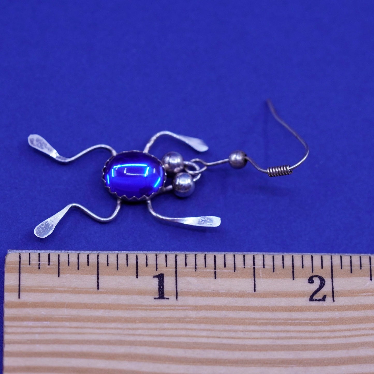 Vintage sterling 925 silver handmade frog earrings with blue glass