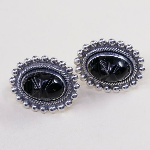 Vtg Sterling 925 Silver Handmade Screw Back Earrings W/ Carved obsidian Warrior