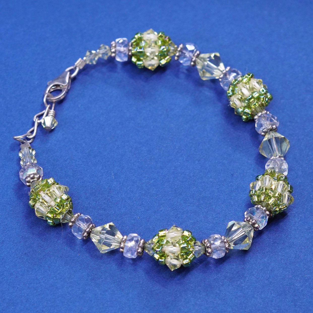 7”, vtg sterling silver handmade bracelet, 925 w/ green crystal beads