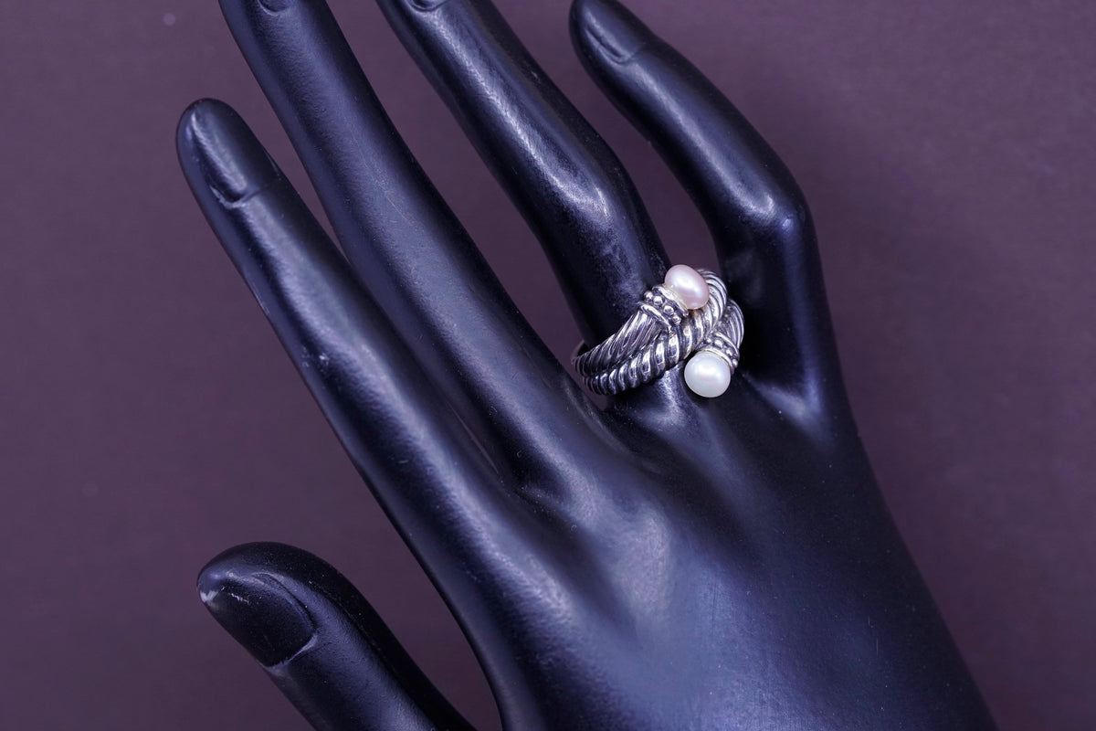 Size 8, vtg CFJ Sterling 925 silver handmade rope ring with freshwater pearl