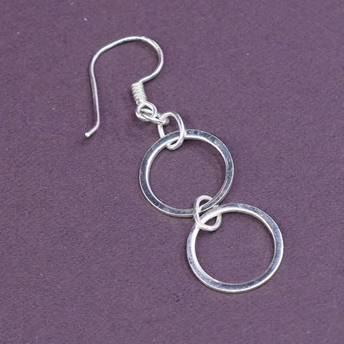 2” long, VTG Sterling silver handmade earrings, 925 double circles dangle
