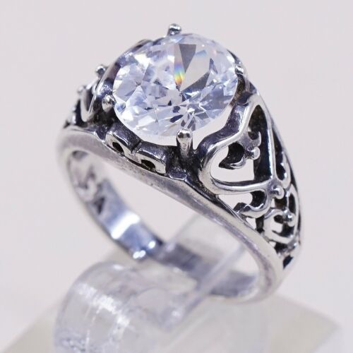 Sz 5.5, Vtg Sterling silver handmade ring, 925 Filigree band W/ CZ N Heart