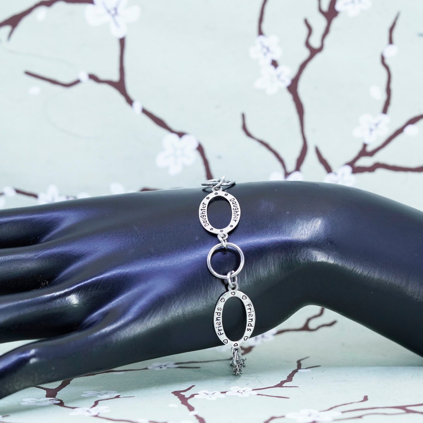 7.5”, sterling 925 silver circle quote bracelet circle disc “mother daughter”