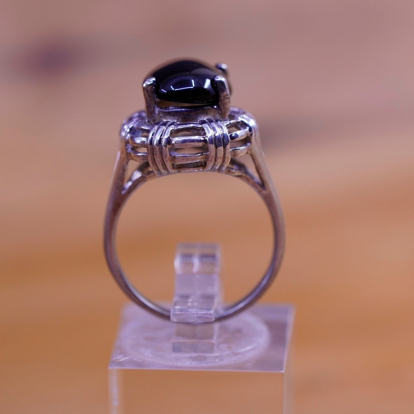 Size 7, vintage Sterling 925 silver handmade ring with oval obsidian