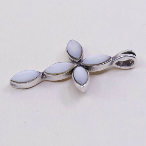 Vintage Sterling Silver Handmade Pendant, 925 silver cross w/ Whire Marquise Mop