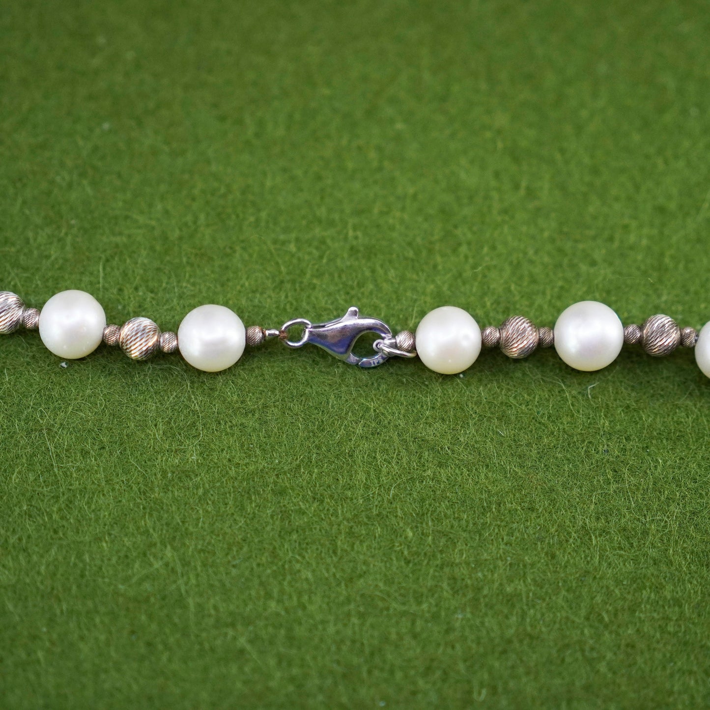 18”, Vintage sterling 925 silver handmade necklace with 8mm pearl beads