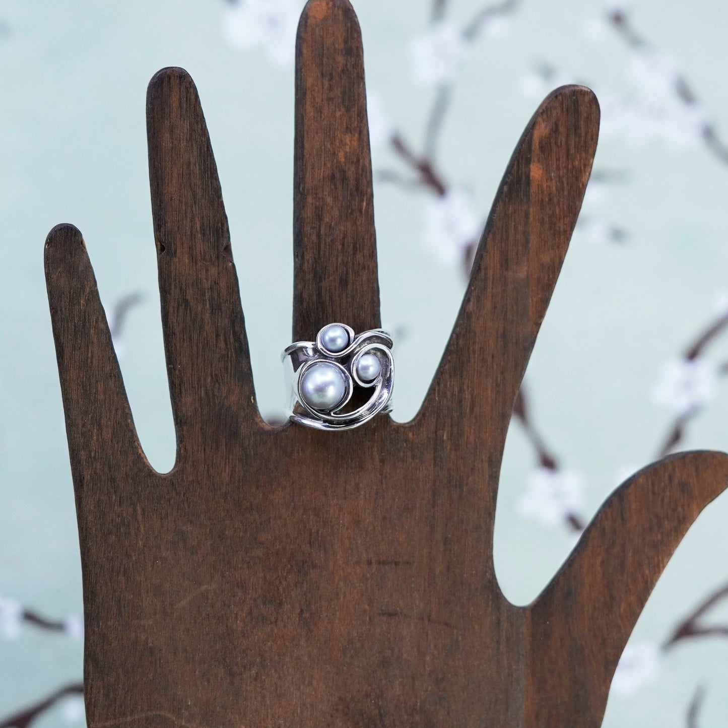 Size 7.25, vintage Israel Sterling silver handmade ring, 925 band with pearls