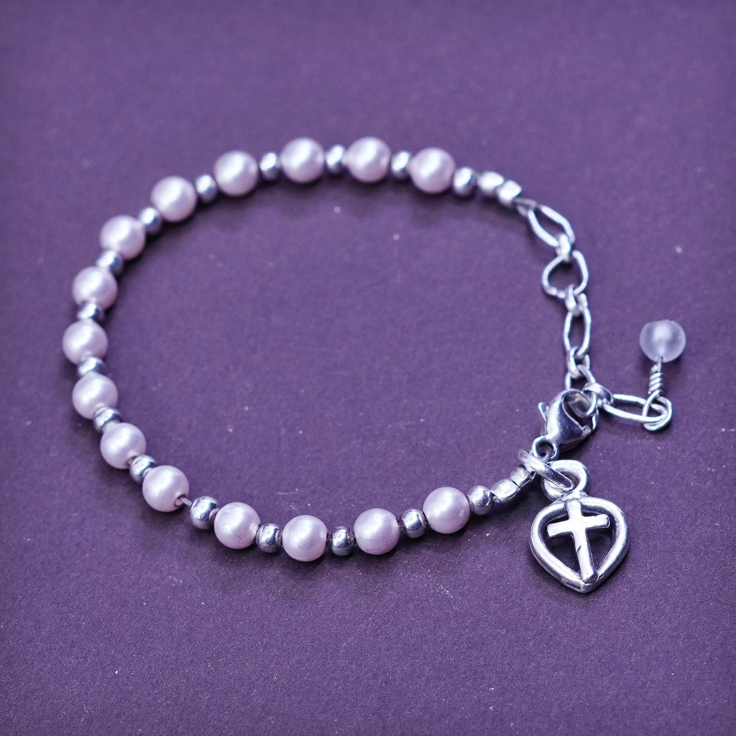 5.25”, Sterling 925 silver handmade bracelet, pearl beads chain heart cross