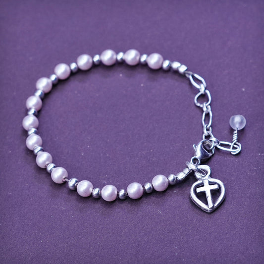 5.25”, Sterling 925 silver handmade bracelet, pearl beads chain heart cross