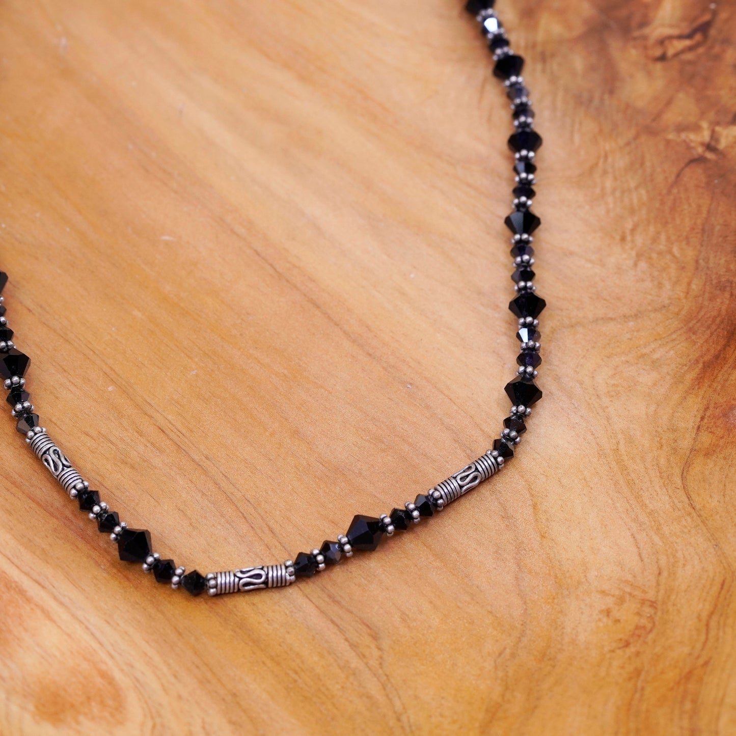 16+3” vintage sterling 925 silver handmade necklace with obsidian beads