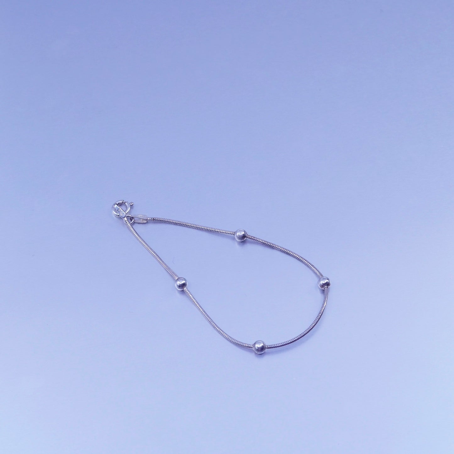 7”, 1mm, Sterling 925 silver handmade bracelet, snake chain with beads