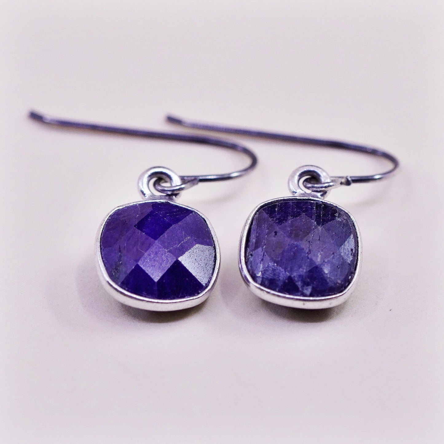 Vintage sterling silver earrings, 925 hooks with square sapphire