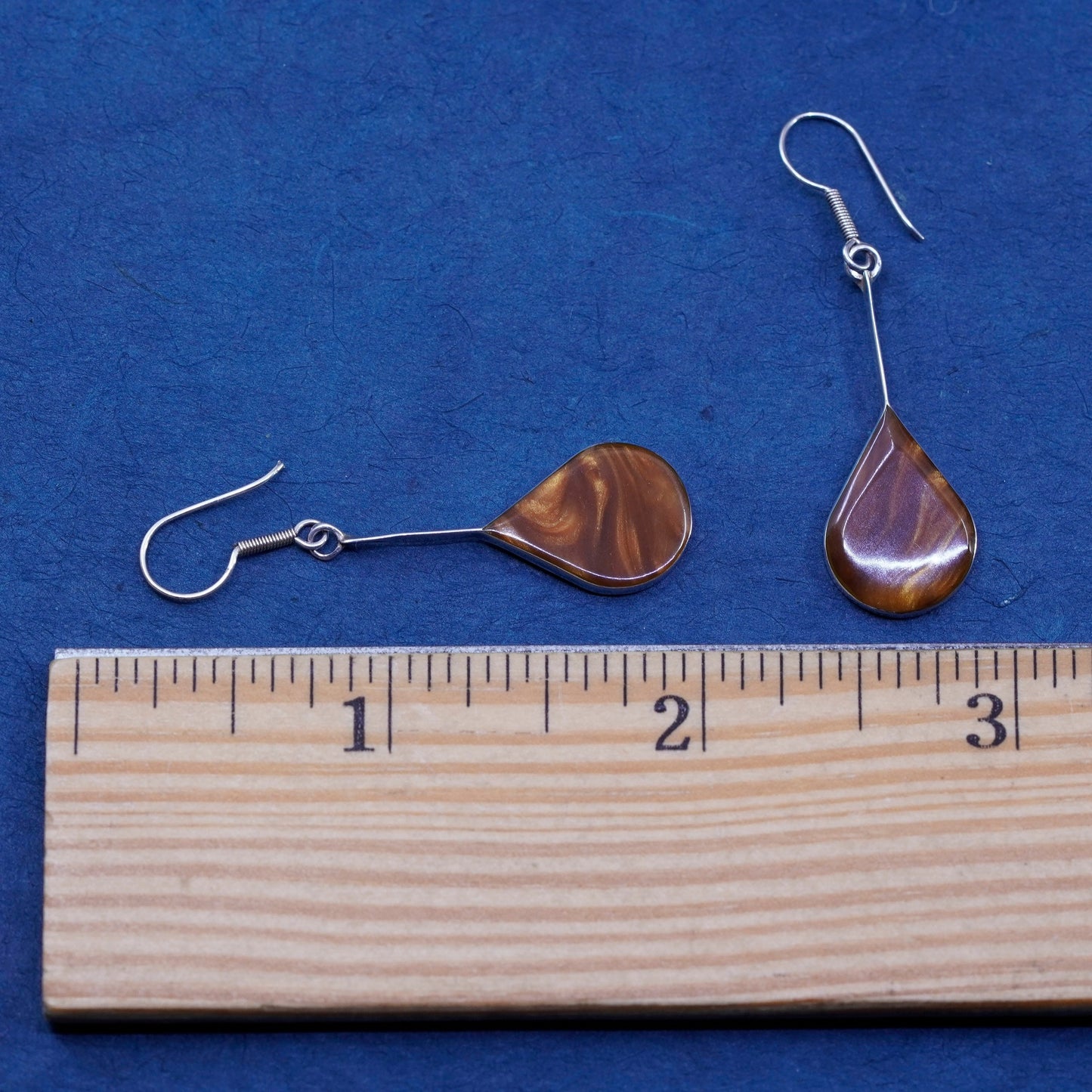 Vintage sterling silver handmade earrings, 925 teardrop with golden resin