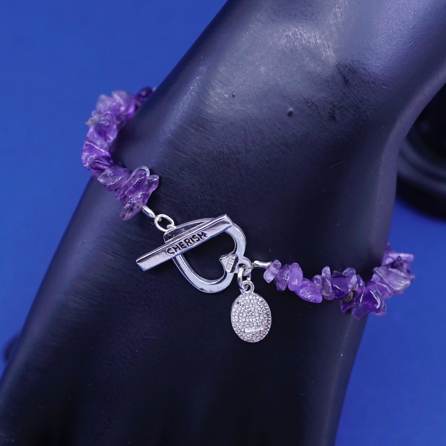 Adjustable, Vintage handmade sterling 925 silver bracelet with amethyst beads