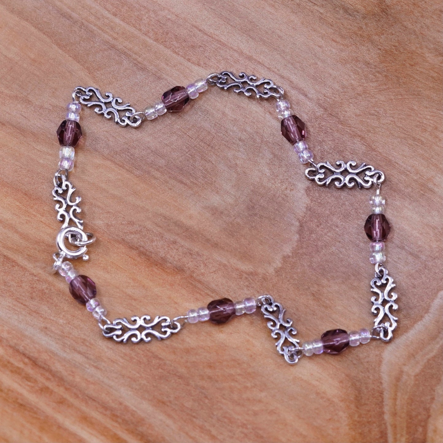 7”, vintage Sterling silver handmade bracelet, 925 chain with crystal beads