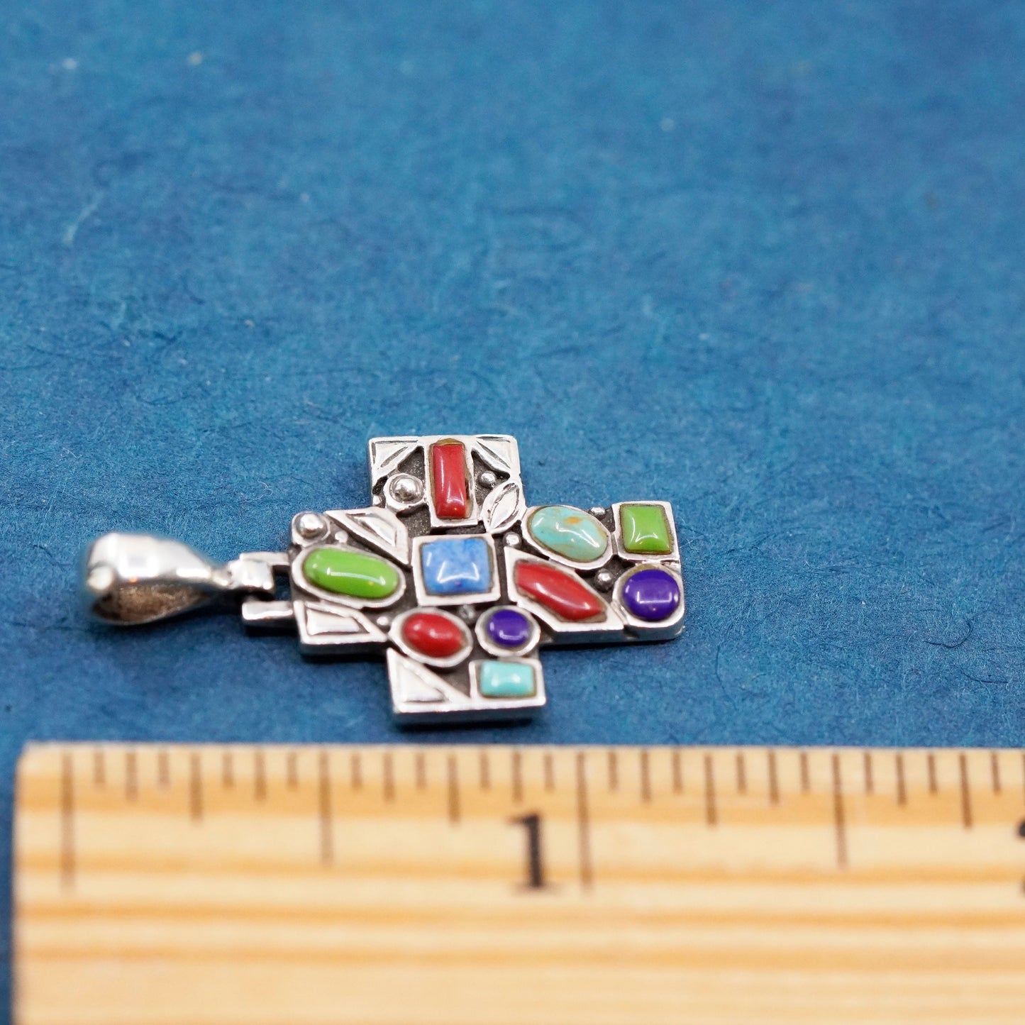 Vintage Sterling silver handmade pendant, 925 gemstone beads cross