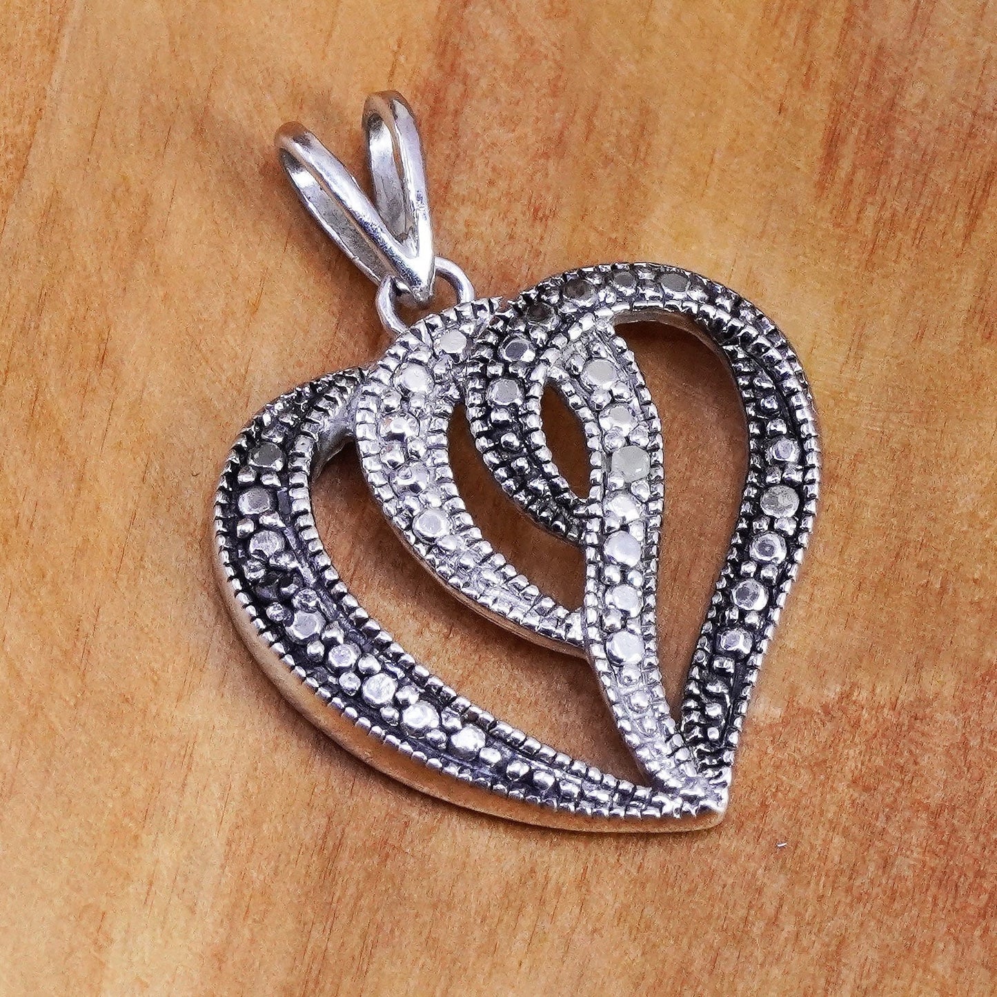 Vintage sterling silver pendant, 925 double heart with genuine diamond