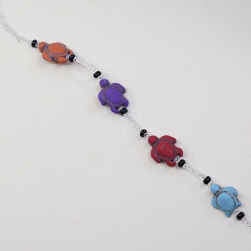 8.75”, Vtg Handmade Bead Bracelet, Clear Beads With Colorful Turtle