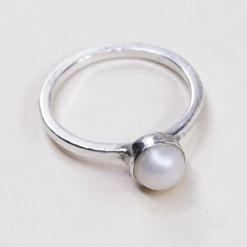 Sz 7, Vtg Sterling 925 Silver Handmade Ring W/ Freshwater Pearl, Simple Elegant