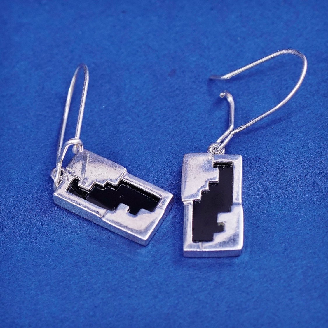 Vintage Sterling silver handmade earrings, 925 w/ long obsidian