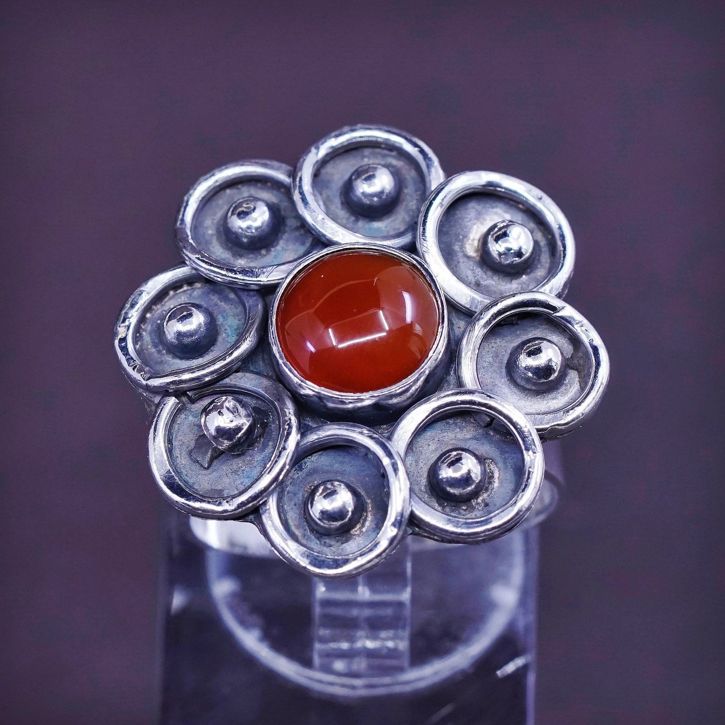 Size 6.5, vintage Sterling silver handmade flower ring with carnelian