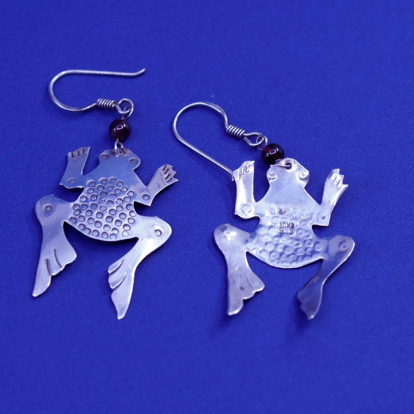 Vintage boma sterling 925 silver handmade frog earrings with garnet