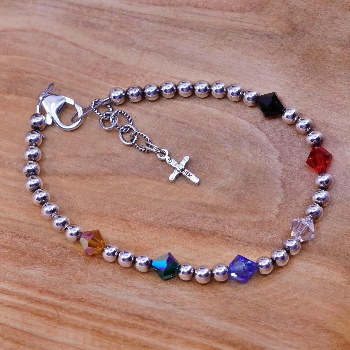 7”, Vintage Sterling silver handmade bracelet, 925 beads with cz cross charm