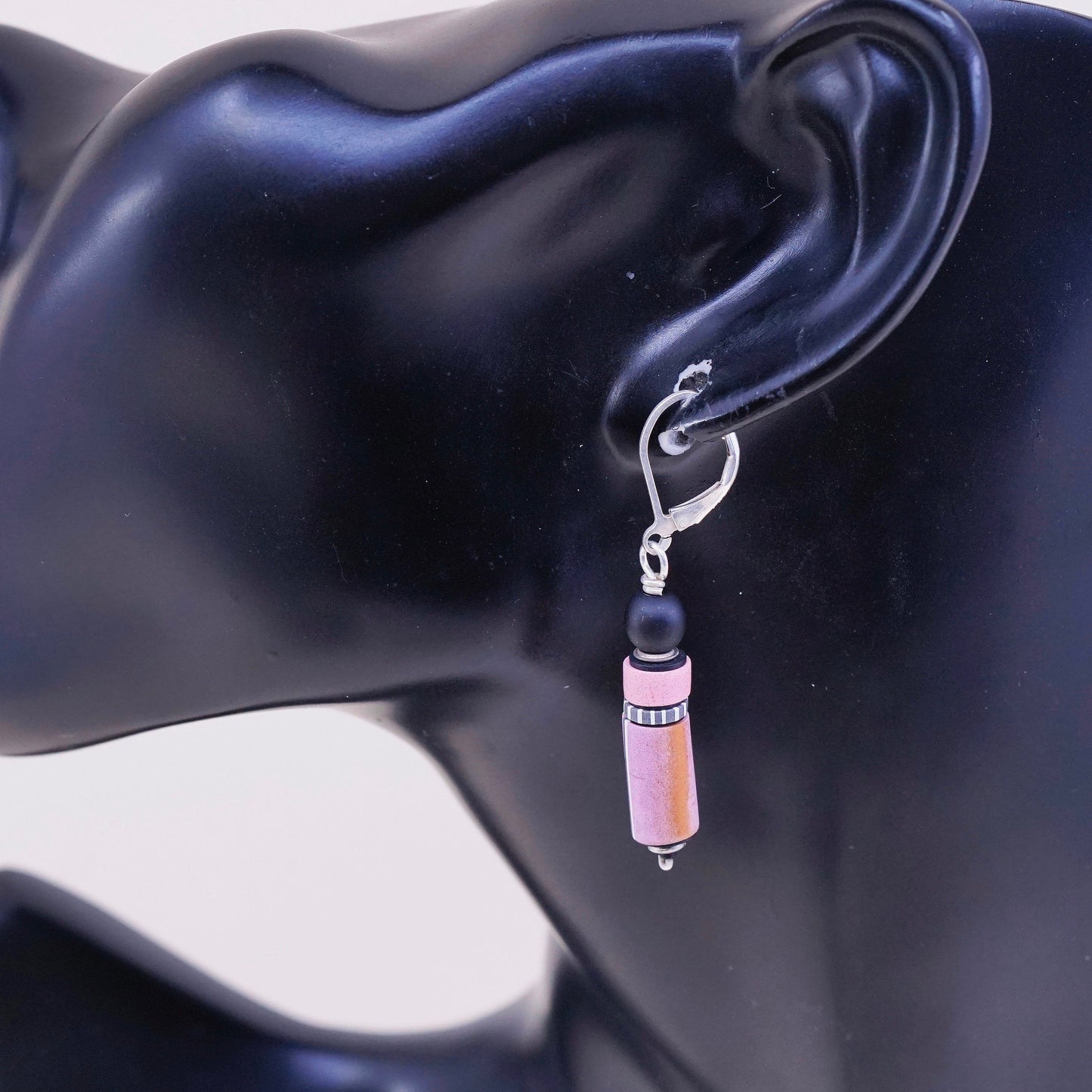 Vintage Sterling silver handmade earrings, 925 hooks with pink tube