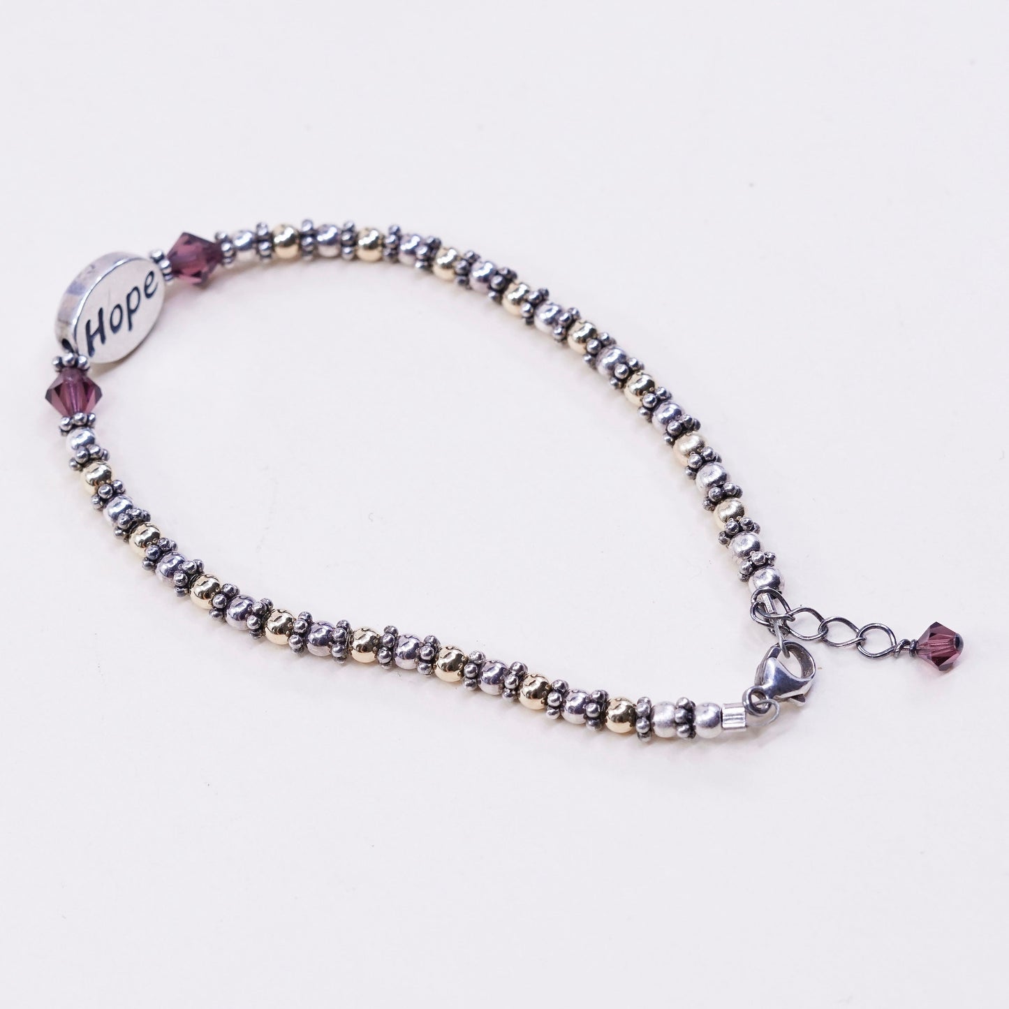 6.5”, 2mm, sterling silver bracelet, 925 beads w/ hope charm, handmade jewelry