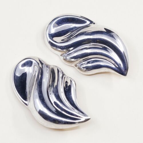 Vtg Modern STERLING 925 SILVER Mexican Handmade Earrings, Ribbed 925 Clip On
