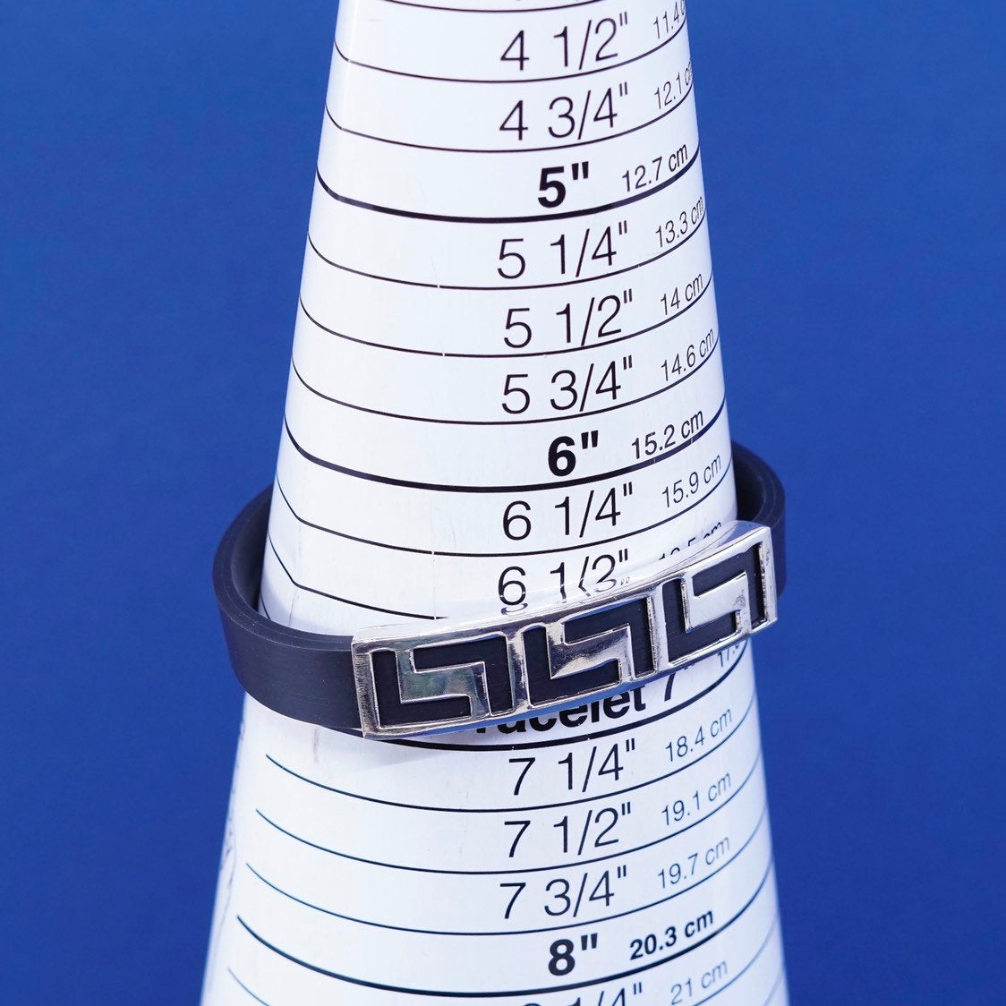 6.75”, vtg Sterling silver handmade bracelet, 925 Greek key bar w/ rubber band