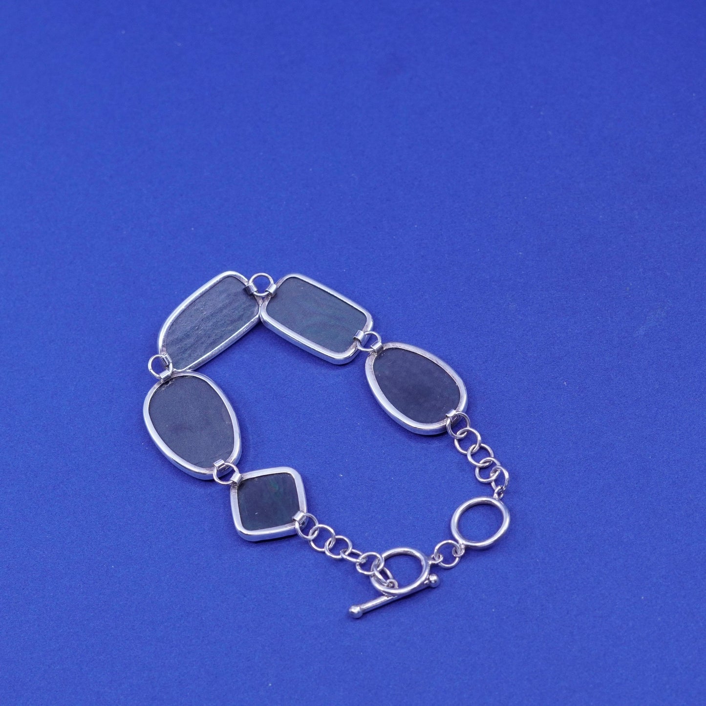 6.75+1”, vintage sterling 925 silver handmade bracelet abalone toggle closure