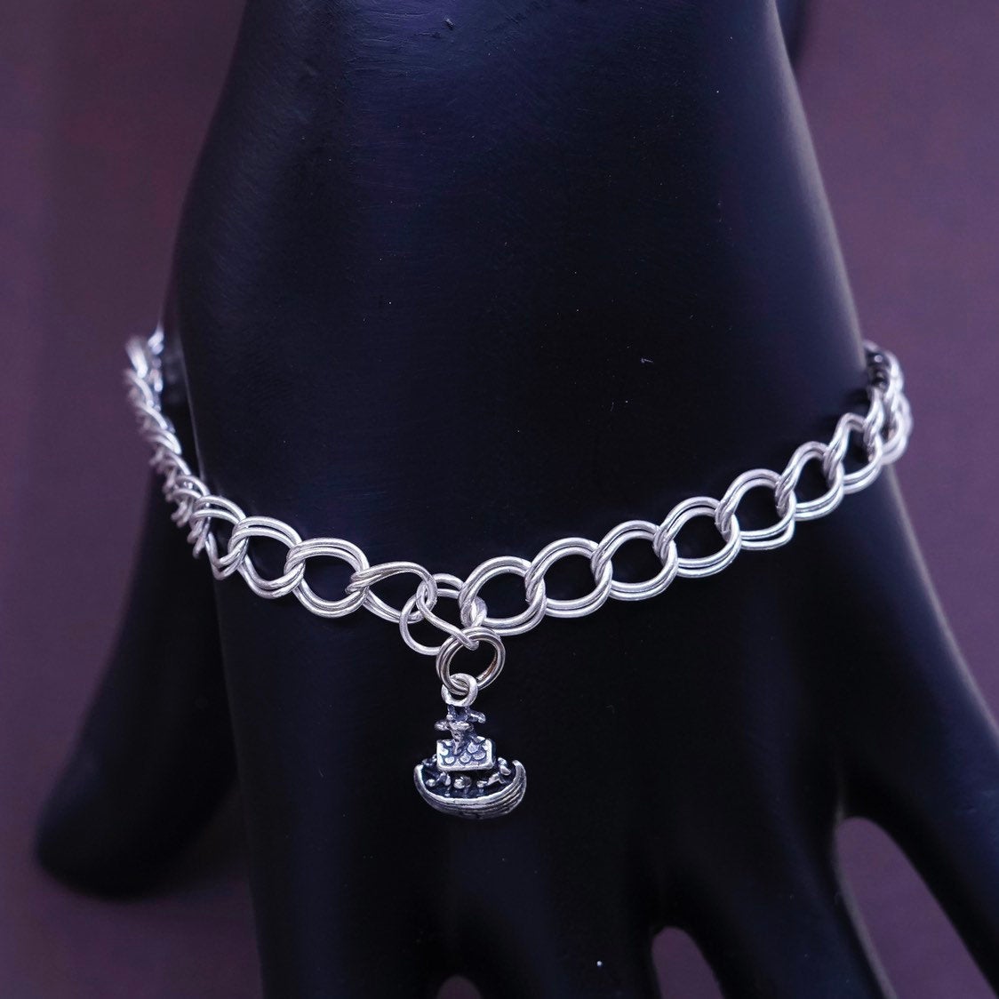 7.5", 5mm Sterling silver double curb bracelet, 925 bracelet w Noah’s ark charm