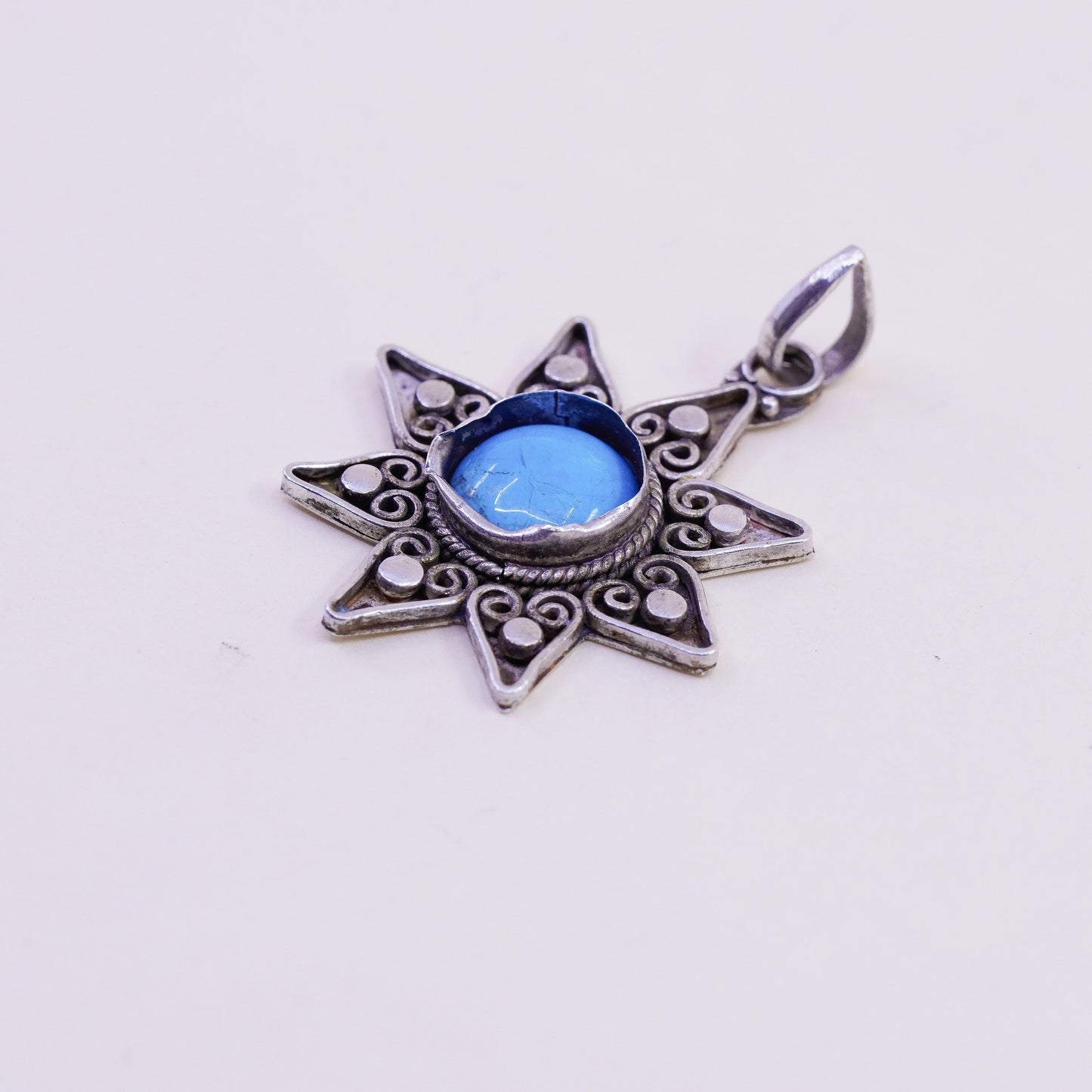Vintage Sterling 925 silver handmade sun pendant with turquoise